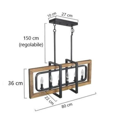 FARMHOUSE V.2 - Lampadario in stile factory a 6 luci in legno scuro opaco e ferro. Dimensioni 80*22*36 cm. - Gmk Design