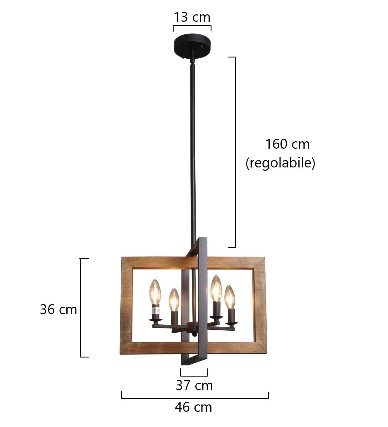 FARMHOUSE V.3 - Lampadario in stile factory a 4 luci in legno scuro opaco e ferro. - Gmk Design