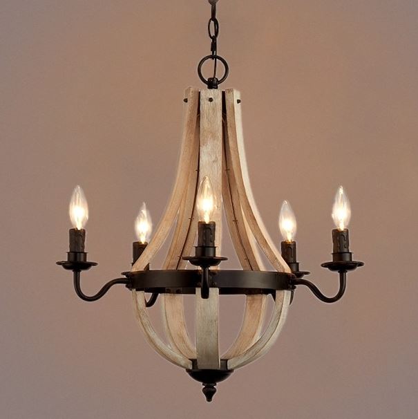 GIACINTO V.1 - Lampadario in legno e metallo, stile country, 5 luci, a sospensione - Gmk Design