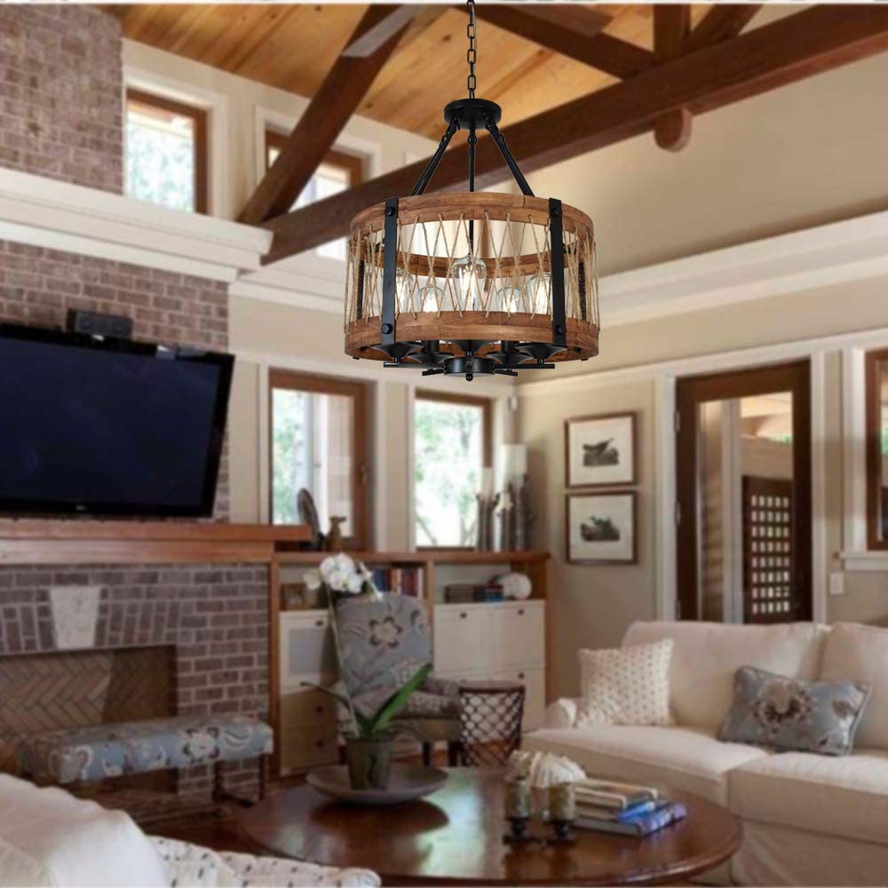 Lampada da soffitto circolare in legno e ferro con avvolgimento in corda di manila in stile navale - Gmk Design