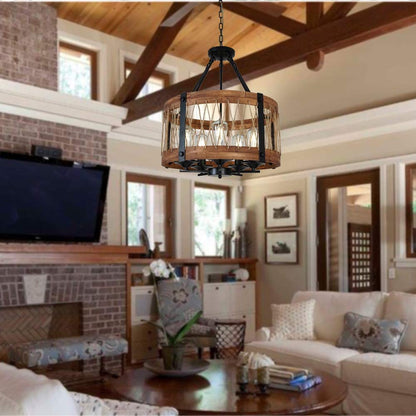 Lampada da soffitto circolare in legno e ferro con avvolgimento in corda di manila in stile navale - Gmk Design