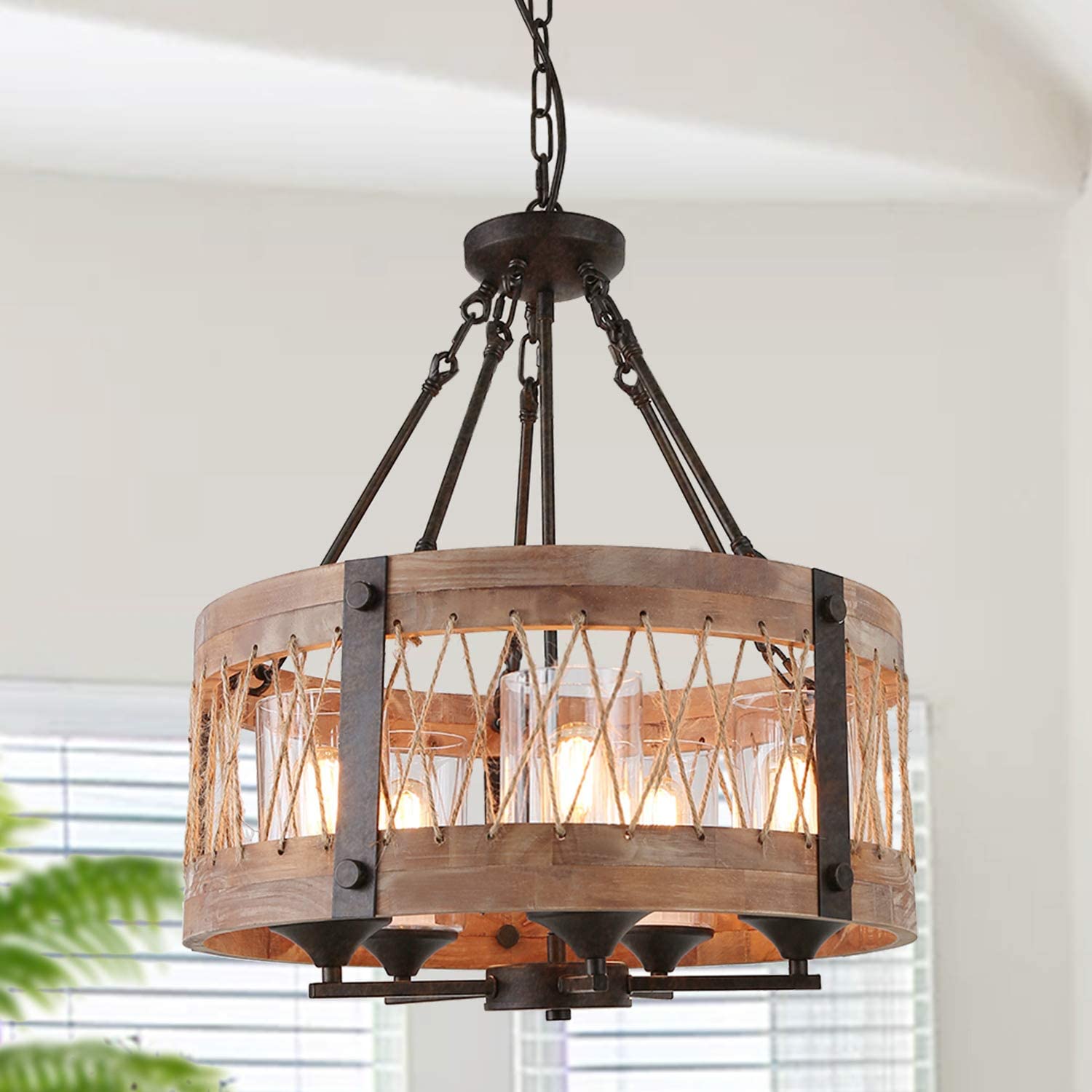 Lampada da soffitto circolare in legno e ferro con avvolgimento in corda di manila in stile navale - Gmk Design