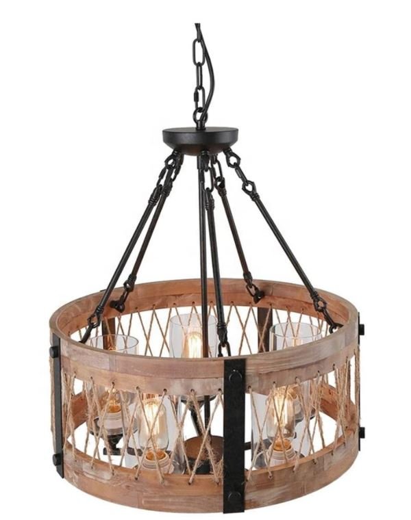 Lampada da soffitto circolare in legno e ferro con avvolgimento in corda di manila in stile navale - Gmk Design