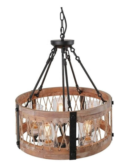 Lampada da soffitto circolare in legno e ferro con avvolgimento in corda di manila in stile navale - Gmk Design