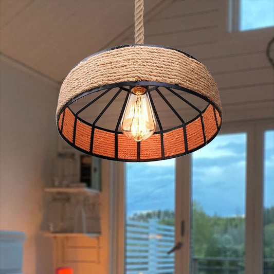 Lampada da soffitto circolare in legno e ferro con avvolgimento in corda di manila in stile navale - Gmk Design