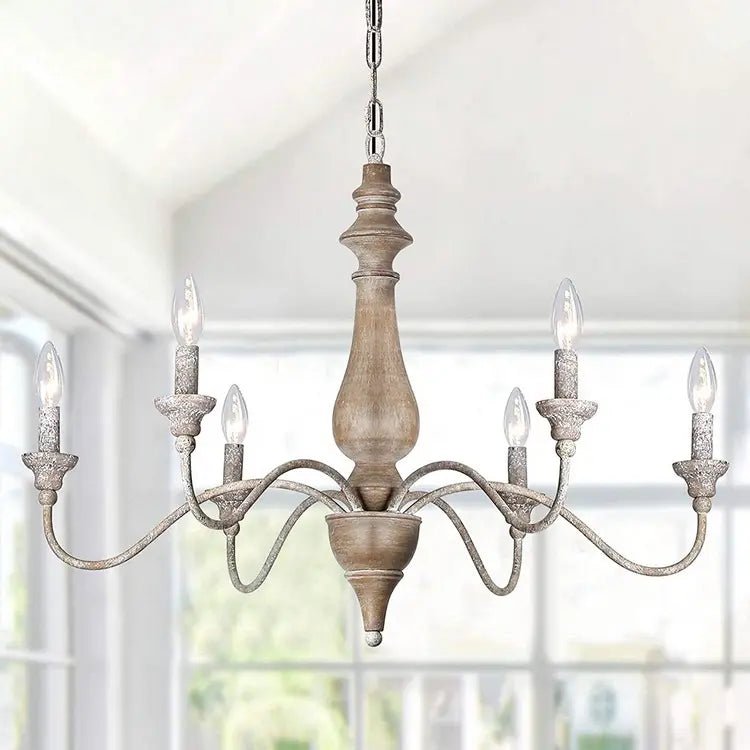 Lampadario a 6 luci verniciato effetto shabby legno anticato. Design classico country francese - Gmk Design