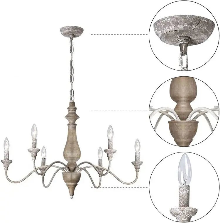 Lampadario a 6 luci verniciato effetto shabby legno anticato. Design classico country francese - Gmk Design