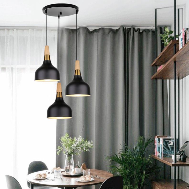 MODERNO V.1 BLACK - Lampadario dallo stile moderno nordico minimalista con inserti in legno e metallo dorato - Gmk Design