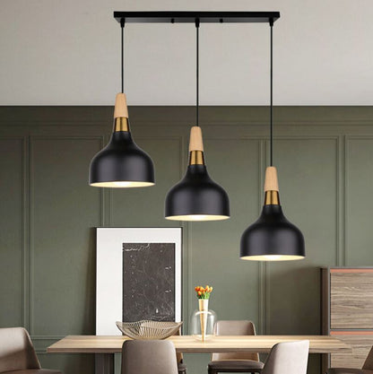 MODERNO V.1 BLACK - Lampadario dallo stile moderno nordico minimalista con inserti in legno e metallo dorato - Gmk Design