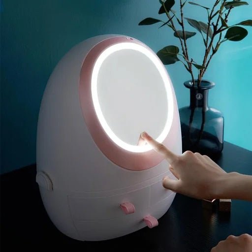 Dispenser organizer cofanetto per trucchi e cosmetici da tavolo con specchio luce LED incorporata. - Gmk Design