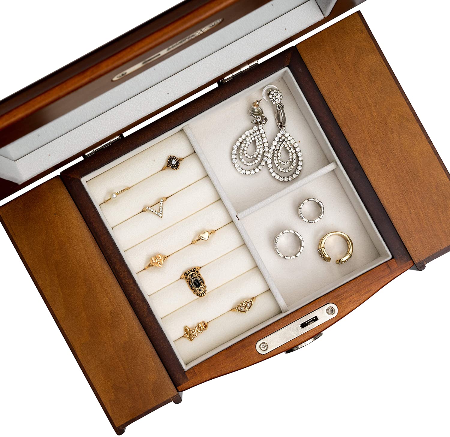 Portagioie a 6 Livelli in Legno con Cassetto e Specchio, Scatola per Portagioie a 6 Livelli in Legno con Cassetto e Specchio, Scatola per