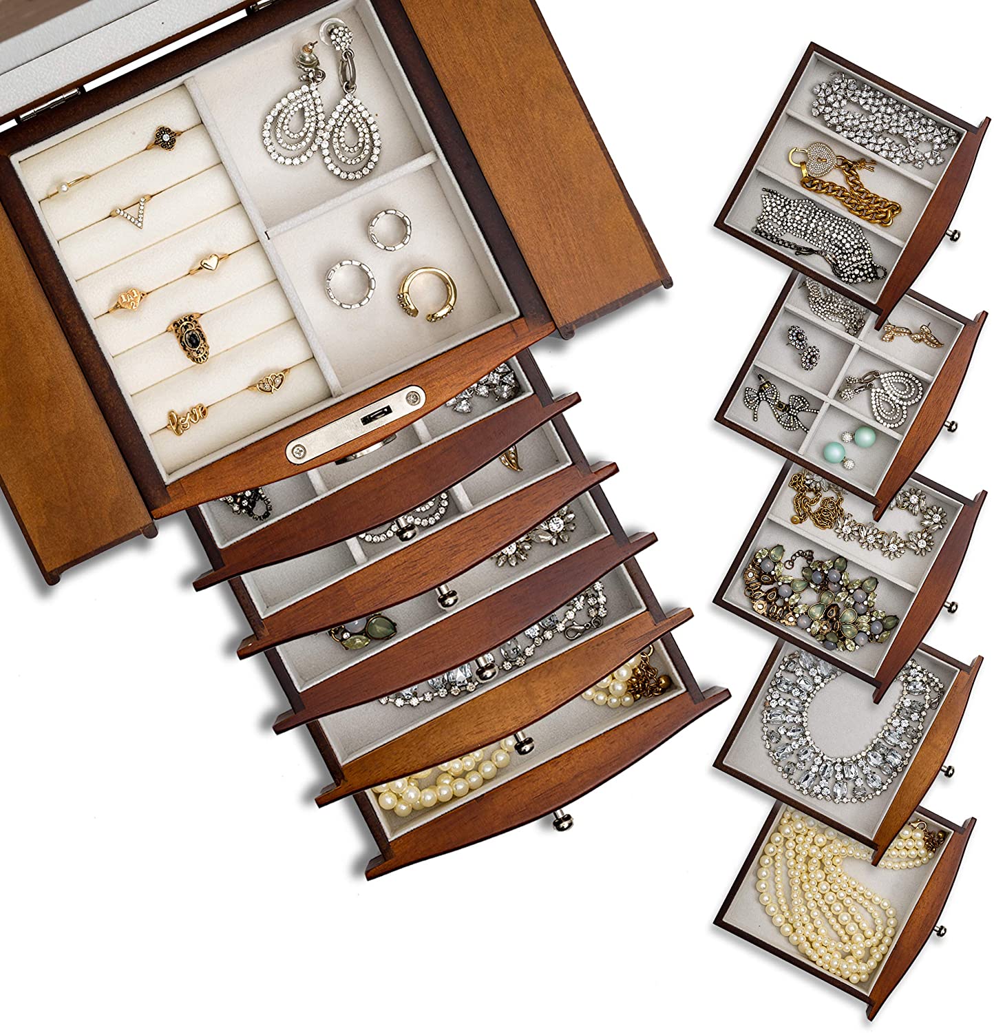 Portagioie a 6 Livelli in Legno con Cassetto e Specchio, Scatola per Portagioie a 6 Livelli in Legno con Cassetto e Specchio, Scatola per