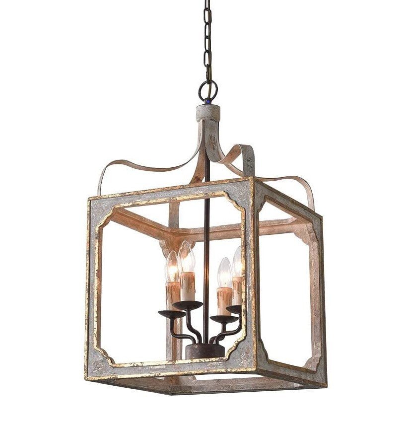 REGGIA - Lampadario a lanterna a 4 luci, colore grigio antico e oro effetto antico retrò - Gmk Design