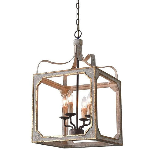 REGGIA - Lampadario a lanterna a 4 luci, colore grigio antico e oro effetto antico retrò - Gmk Design