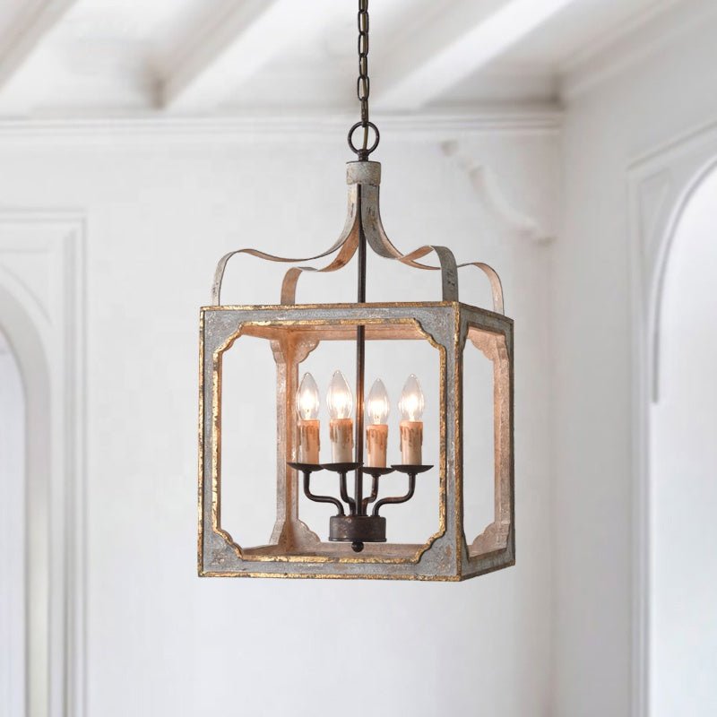 REGGIA - Lampadario a lanterna a 4 luci, colore grigio antico e oro effetto antico retrò - Gmk Design