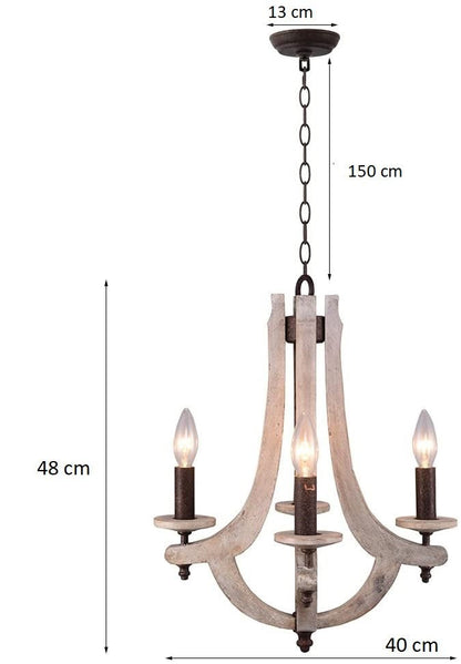 REMO - Lampadario rustico in stile retrò in legno massello con quattro candelabri in ferro antichizzato. - Gmk Design