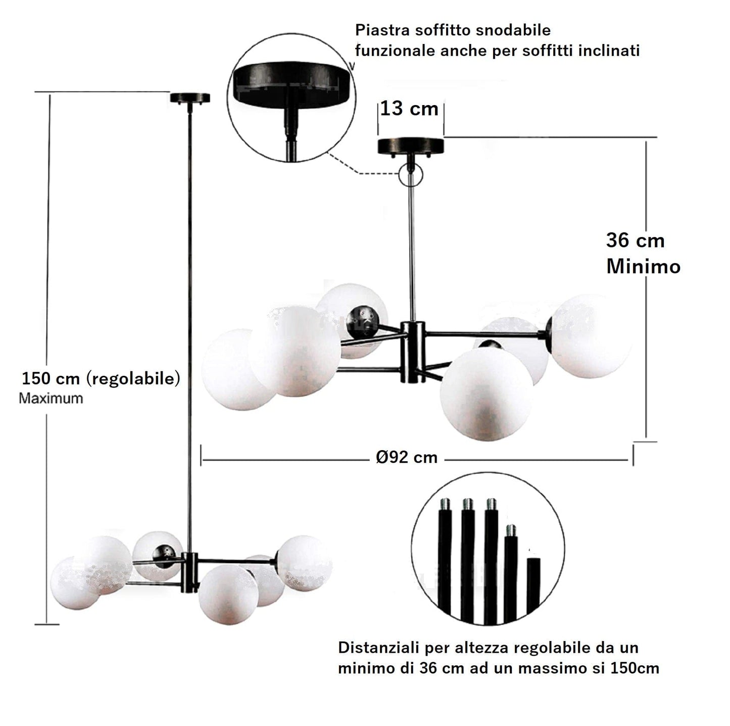 SPUTNIK V.1 NERO - Lampadario dal design moderno verniciato nero paralumi sferici in vetro opalino. - Gmk Design