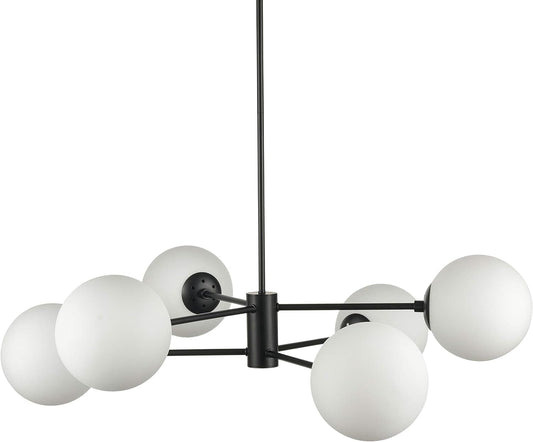 SPUTNIK V.1 NERO - Lampadario dal design moderno verniciato nero paralumi sferici in vetro opalino. - Gmk Design