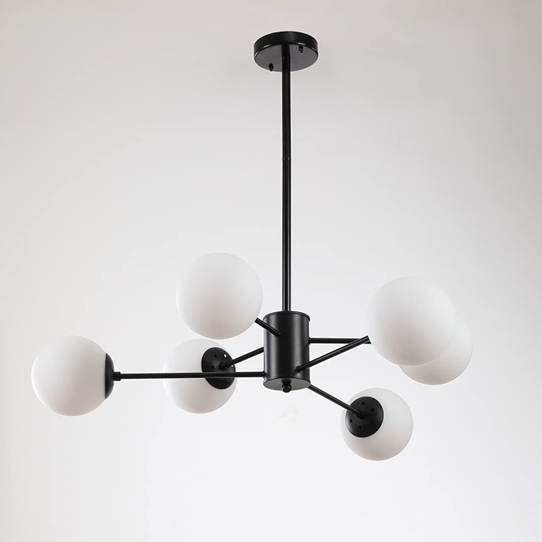 SPUTNIK V.1 NERO - Lampadario dal design moderno verniciato nero paralumi sferici in vetro opalino. - Gmk Design