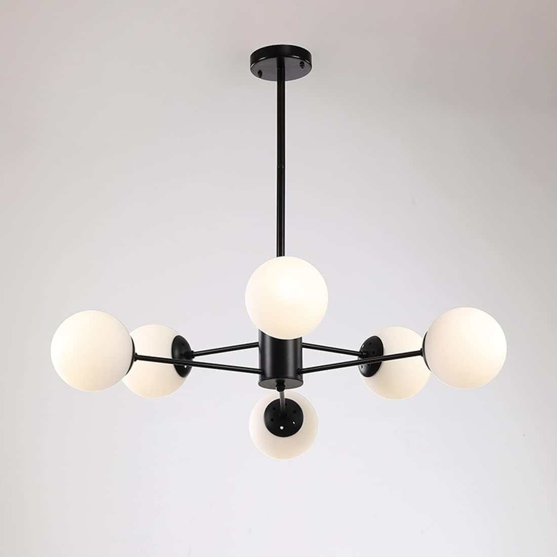 SPUTNIK V.1 NERO - Lampadario dal design moderno verniciato nero paralumi sferici in vetro opalino. - Gmk Design